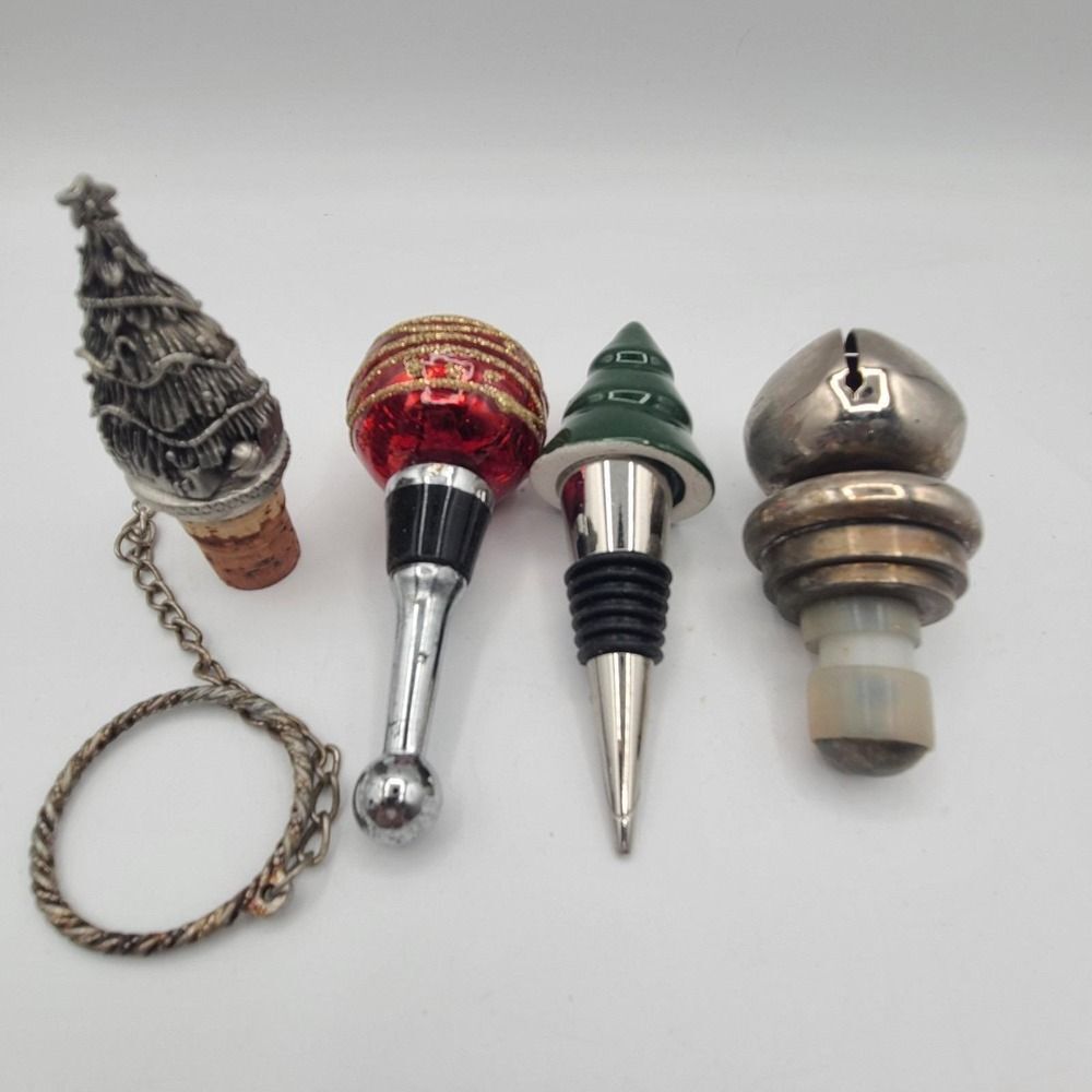 Set of 4 Christmas Themed Wine Bottle Stopper Cork Jingle Bell Tree Ball